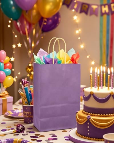 qiqee Grape Purple Gift Bag with Handles Bulk 24Pcs Paper Bags -8.3"x6"x3. 15" Party Favor Bags - Solid Color - color: Grape Purple