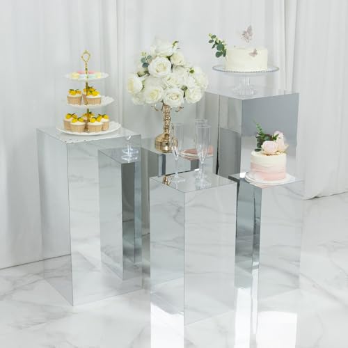 Efavormart Set of 5 Silver Mirror Acrylic Pedestal Risers – Pre-Assembled Rectangular Display Stands for Weddings, Events & Product Showcases – 20", 22", 24", 28", 32" - color: Silver