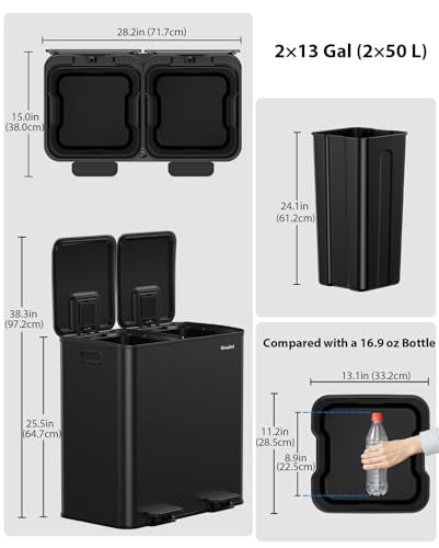 Dual Trash and Recycling Bins for Kitchen, 2×13 Gallon (2× 50L) Stainless Steel Trash and Recycle Bin Combo with Soft-Close Lid, Large Garbage Cans for Kitchen Home with 2 Magnets Sticker, Black - color: Black