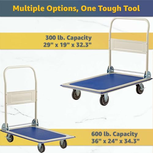 Steel Folding Platform Truck - 300 lb Platform Cart with Fold-Down Handle, Anti-Slip Deck & Brake Casters - Heavy-Duty Utility Dolly for Warehouse, Office, School - Beige/Blue - size: 29" x 19" x 32"
