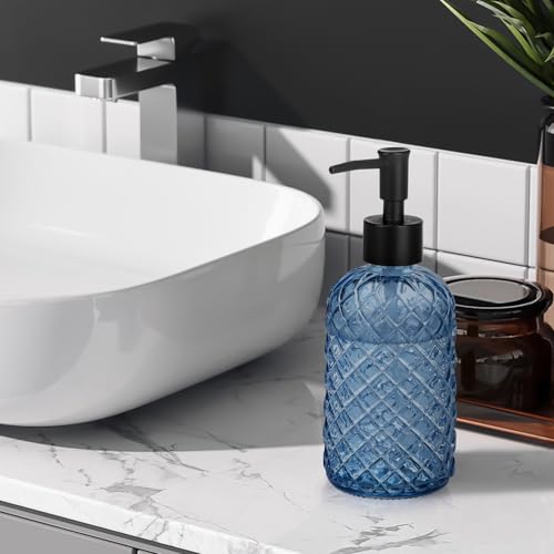 1 Pack 14oz Glass Soap Dispenser with Plastic Pump, Diamond Design Refillable Hand Soap Dispenser for Hand Wash, Bathroom and Kitchen - color: Blue