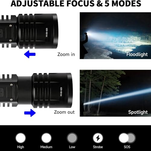 Rechargeable LED Flashlights 10000.00 High Lumens,𝟐𝟎𝟐𝟔 𝐍𝐞𝐰 High Powered Waterproof Tactical Flashlight Spotlight Flashlight for Home, Bright Flashlight Black for Outdoor Camping Emergency - color: Rechargeable Flashlight 5000mAh