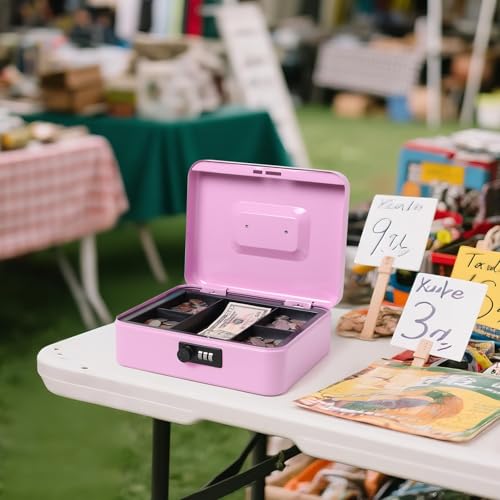 Jssmst Large Cash Box with Combination Lock - Durable Metal Cash Box with Money Tray, Light Purple (9.84 x 7.87 x 3.46) - color: Light purple, size: Large