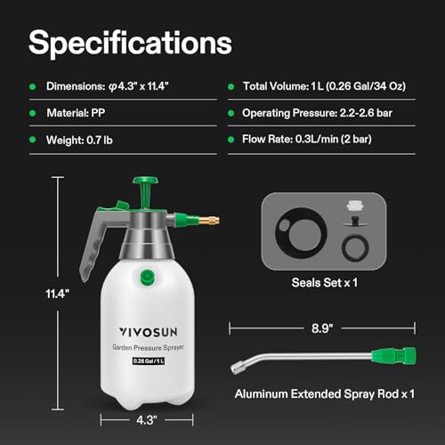 VIVOSUN 1L Pump Sprayer, 34oz Water Spray Bottle with Safety Valve - size: 34 ounce