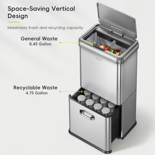 EKO 13 Gal Dual Compartment Motion Sensor Trash Can, Matte Stainless