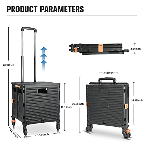 Foldable Utility Cart,Rolling Crate Heavy Duty Shopping Cart with 360° Silent Wheel with Brake System,55L Capacity,Transport Weight up to 177 Pounds,Travel Shopping Moving Luggage Office Use - color: Black&blue Lid
