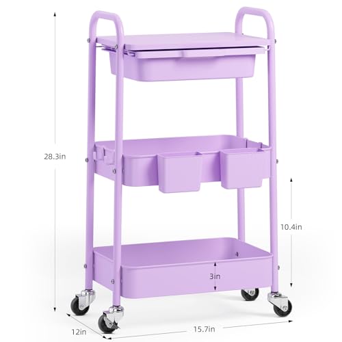 KINGRACK 3 Tier Metal Rolling Cart with Drawer, Purple Utility Storage Cart - color: Purple