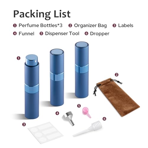 LISAPACK 8ml Travel Perfume Bottle Refillable, 3 PCS Cologne Atomizer Spray - color: 3 Blue