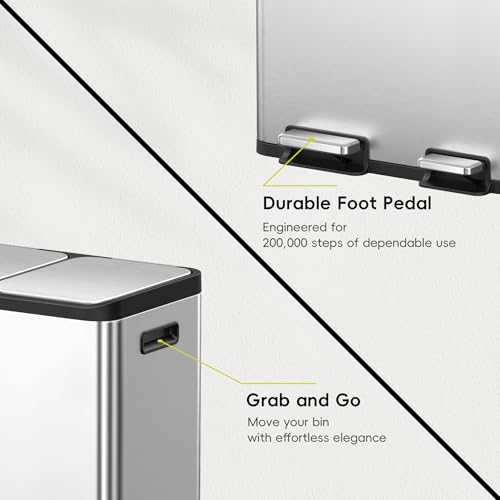 EKO EcoCasa Stainless Steel Dual Step Trash Can for Recycling, 30L+20L Rectangular Kitchen Trash Can, Independent Pedals and Lids, Soft Close and Fingerprint Resistant - color: Stainless Steel, size: 30L+20L