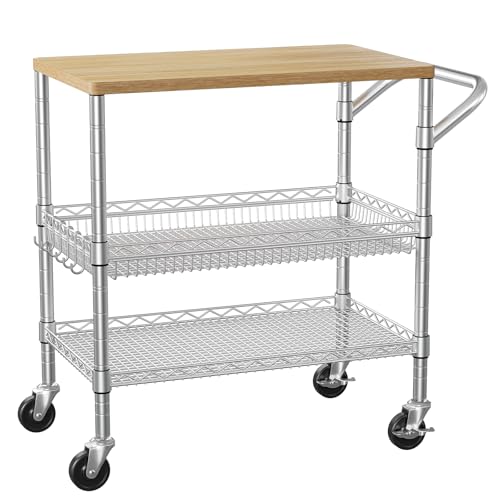 3 Tier Rolling Kitchen Carts on Wheels with Storage,650Lbs Heavy Duty Utility Carts with Wheels,Kitchen Island with Wood Tabletop,Metal Serving Rolling Cart for Small Appliance Food Cart,Wood+Metal - color: Wood+chrome