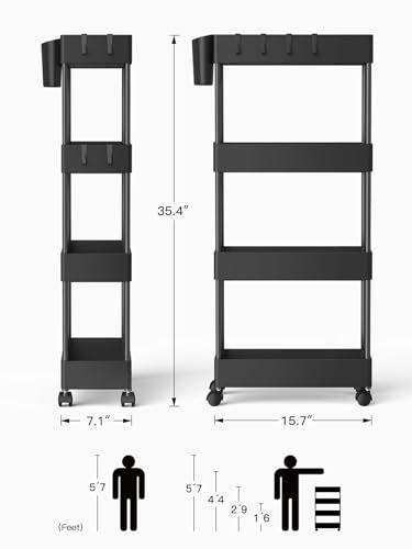 Pipishell 4 Tier Slim Storage Cart with Wheels, Laundry Cart, Black - color: Black, size: 4-Tier