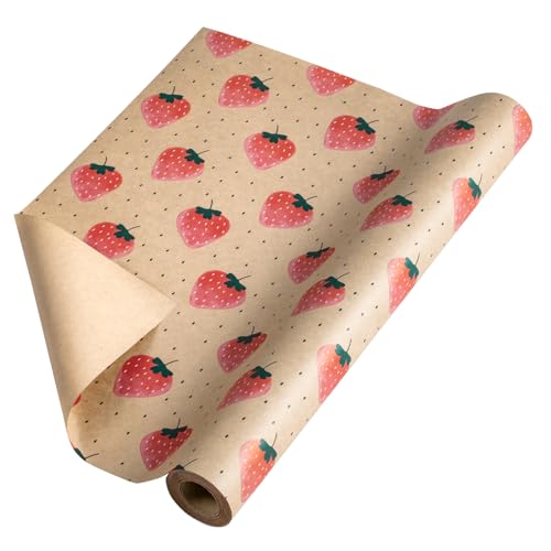 RUSPEPA Strawberry Kraft Wrapping Paper Roll, Mini Roll, Pink Strawberry Design, Sweet Kraft Gift Wrap Paper for Girls, Birthday, Baby Shower, Wedding, Valentine's Day, 17 Inches x 16.4 Feet - size: 17 in x 16.4 ft