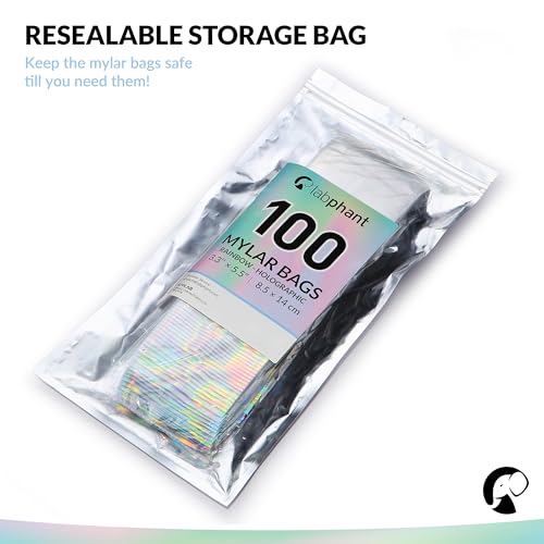 Mylar Bags with Zipper Seal 3.3 x 5.5" | 100 Bags | Rainbow Holographic | Sealable Heat Seal Bags for Candy and Food Packaging, Medications and Vitamins | For Liquid and Solids (3.3" x 5.5") - size: 3.3" x 5.5"