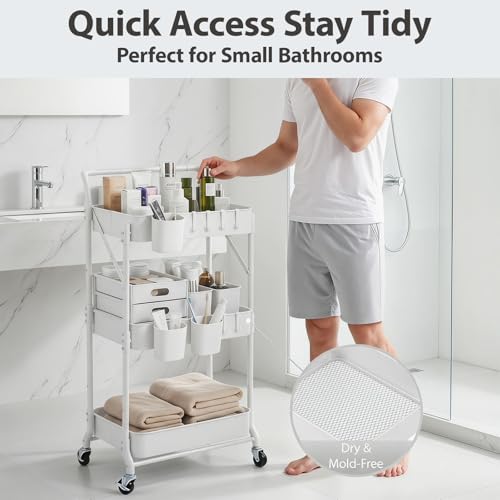 Amatic 3-Tier Folding Rolling Utility Cart with Wheels, Foldable Storage Cart Organizer with 3 Hanging Cups & 6 Hooks for Kitchen, Office, Living Room, Nursery(White) - color: White