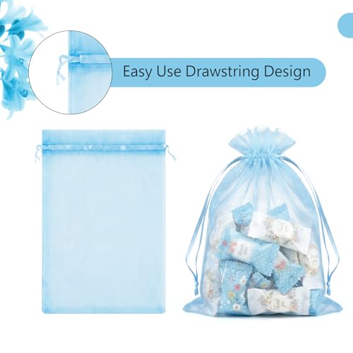 FUNFERY 100Pcs Baby Blue Organza Bags 5x7 in,Small Mesh Drawstring Gift Bag - color: Baby Blue