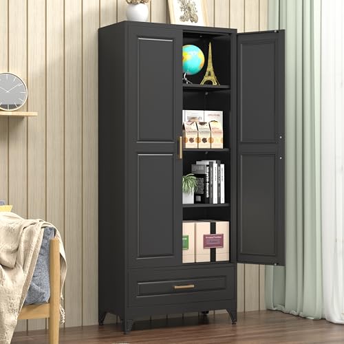 Polup 75" Metal Storage Cabinet, Tall Kitchen Pantry Cabinet with 1 Drawer - color: Black, size: 75"H - 1 Drawer