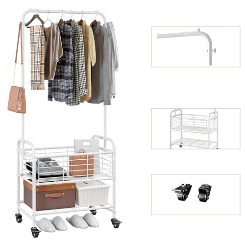 SUOERNUO Laundry Cart with Basket Hanging Rack Sorter with Wheels Shelf - color: White