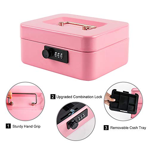 KYODOLED Locking Cash Box with Lock,Money Box with Cash Tray,Lock Safe Box with Key,Money Saving Organizer,11.81Lx 9.45Wx 3.54H Inches,Pink XL Large