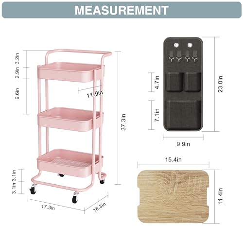 DTK 3-Tier Rolling Cart with Table Top, Metal Utility Cart with Side Bags - color: Pink, size: Large