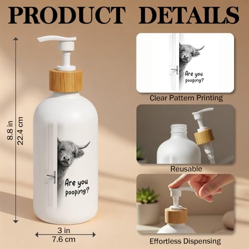 Highland Cow Bathroom Soap Dispenser, are You Pooping Glass Hand Soap Dispenser with Pump, Funny Cow Refillable Handsoap Liquid Bottle for Bathroom Washroom Restroom Countertop - color: Pooping Cow
