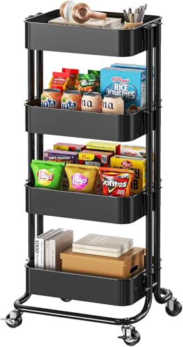 Pipishell 4 Tier Metal Rolling Utility Cart with 2 Lockable Wheels, Black - color: Black, size: 4 Tier