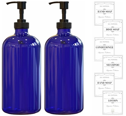 Sunrise Premium Cobalt Blue Glass Soap Dispenser with Pump, 2 Pack - color: Cobalt Blue Glass - Plastic Pump