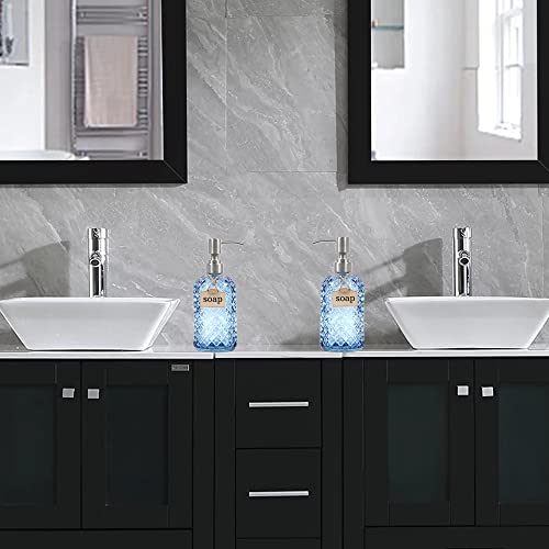 16 oz Diamond Pattern Glass Soap Dispenser, Kitchen and Bathroom Refillable Soap Dispenser with Rust Resistant Stainless Steel Pump for Hand Soap, Lotion Glass Liquid Dispenser(Blue - 2 Pack) - color: Blue-2pack
