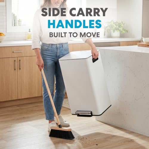 SIMPLI-MAGIC Infinity Edge 13 Gallon (50L) Kitchen Trash Can - Hands-Free Step Pedal, Soft-Close Lid, Stainless Steel Garbage Can with Inner Bucket, Fingerprint-Resistant Finish, White Cloud - color: White, size: 13 Gallon