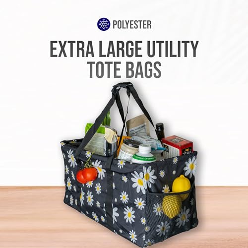 Extra Large Utility Tote Bag - Oversized Collapsible Beach Bag - Black Daisy - color: Black Daisy
