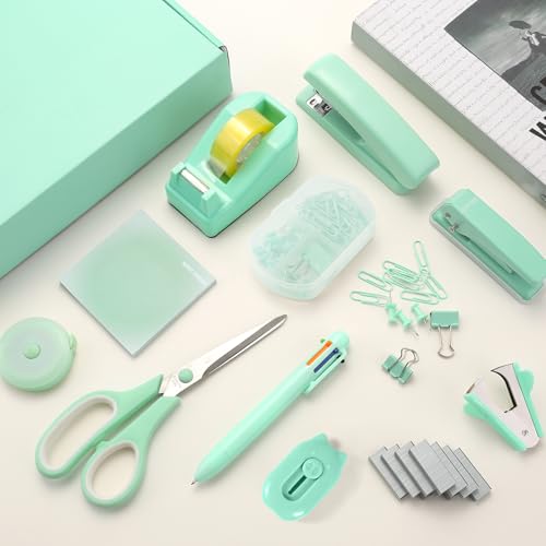 Green Desk Accessory Kit Cute Office Supplies Set Desktop Stapler Set Includes Staple Remover Hole Punch Tape Dispenser Ballpoint Pen Scissor Mini Box Cutter Tape Measure Paper Clips Sticky Notes - color: Green