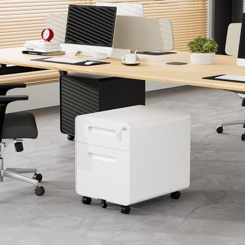 2 Drawer Mobile Low Profile File Cabinet with Lock and 4 Keys - color: White, size: 19.1"H*15.7"W-2 Drawers