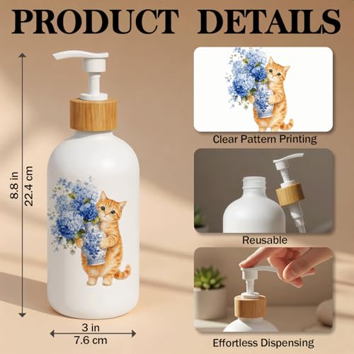 Chinoiserie Hydrangea Cat Glass Soap Dispenser with Pump - color: Hydrangea Cat