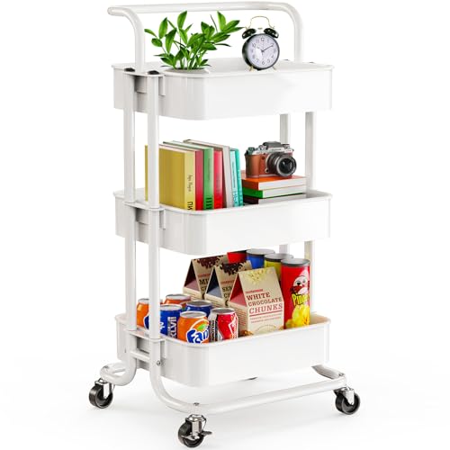 Pipishell 3 Tier Rolling Cart, Utility Cart with Wheels & Handle, White - color: White, size: 3-Tier