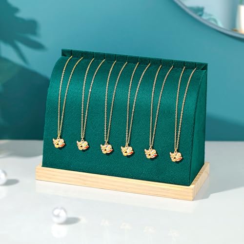 Cambered Wood Necklace Display Stand Green Velvet Mat for Retail Store - color: Green