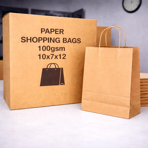 VPACK Kraft Paper Bags Shopping Bags, Gift Bags, Retail Bags, Recycled Bulk, Brown Paper Bags with Handles Bulk (Kraft, 10x7x12 250pcs)