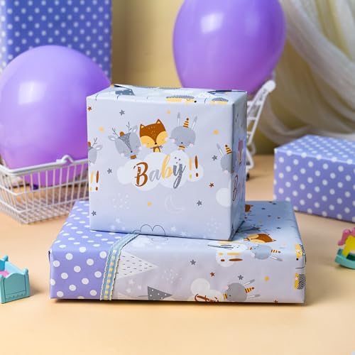 Homeral Baby Shower Wrapping Paper Roll - Mini Roll - 17 Inch x 16.5 Feet - Grey Animals and Trees & Purple Polka Dots Reversible Gift Wrap for Baby Boys Girls Shower, Birthday, Gender Reveal, Holiday - color: Baby Fox Grey, size: 17in*16.5ft(23.4sqft)
