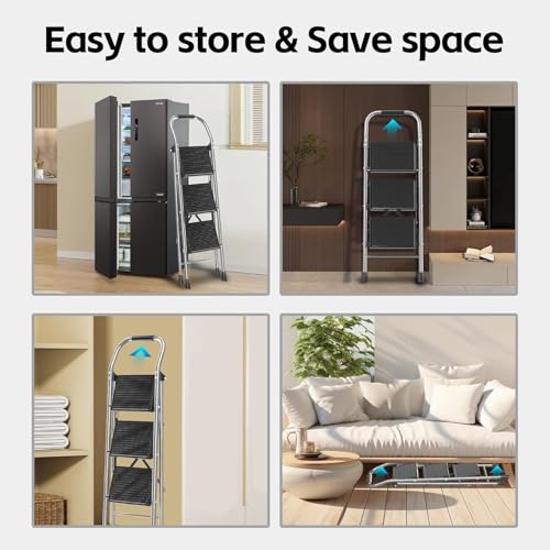 600Lbs Heavy Duty Step Ladder Foldable Folding Stool - for Home Adults Kitchen 3 Stepping Extension Tall with Handrails - Closet Stepstool Stair Ladders Extendable Stepladder for Indoor House - size: 3 Step