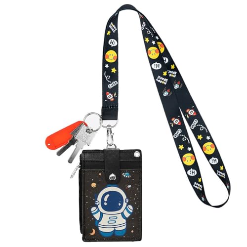 Cute ID Badge Holder with Detachable Lanyard, PU Leather Wallet & Key Ring - color: Astronaut