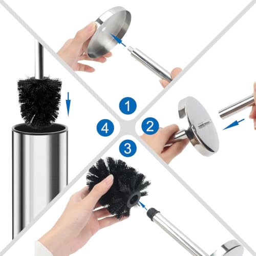 Heavy Duty Stainless Steel Toilet Brush Set with Holder(2 Brush Heads) – Rustproof Toilet Bowl Brush, Compact Cylinder Base, Extra Long Handle for Deep Cleaning, Silver