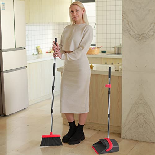 Ivandar Broom and Dustpan Set,Broom with Dustpan Combo Set Dust pan with Long Handle, for Home Kitchen Room Office Lobby Floor Use Upright Stand Up(Gray&Red) - color: Gray&red