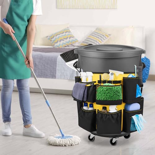 HODRANT 32-55 Gallon Trash Can Caddy Bag with Multi Pockets for Clean Tools - color: Black+Yellow