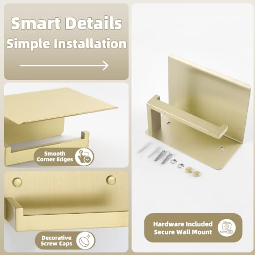 APLusee Brushed Gold Toilet Paper Holder with Shelf, 304 Stainless Steel Wall Mount Tissue Roll Holder for Bathroom - color: Brushed Gold, size: Single Rod