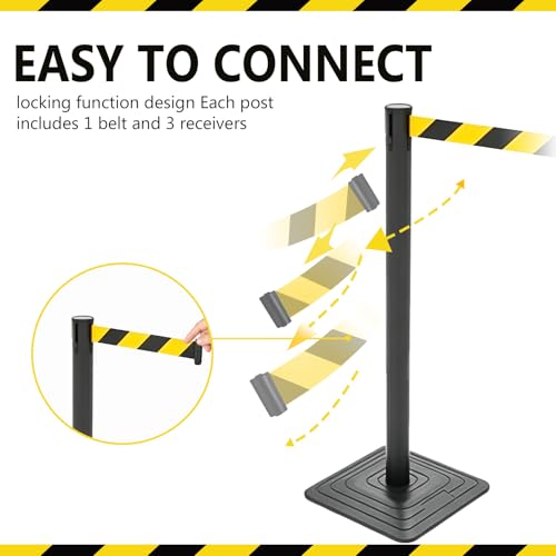 4 Pack Crowd Control Stanchions with 10FT Retractable Yellow Black Belt - color: YELLOW BLACK STRIPE BELT