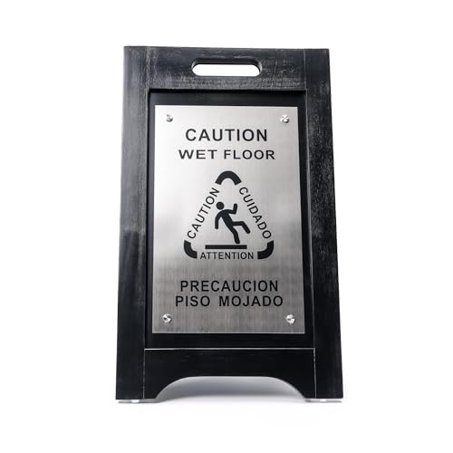 Wooden Caution Wet Floor Sign, Bilingual, Non-Skid Feet, Black Wood - color: Black Wood/ Brushed Nickel, size: 1 Pack