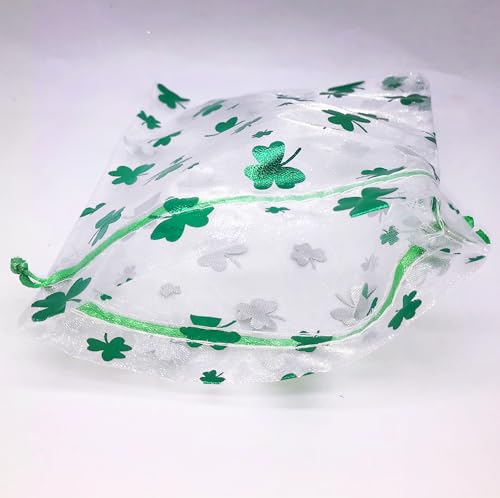 Jexila 50PCS St.Patrick's Day Organza Gift Bags Shamrock Clover Drawstring Goodie Treat Bag St.Patrick's Party Favors for Kids Classroom - color: Green