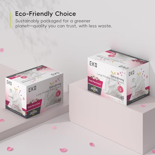 EKO 21 Gallon / 50-90 Liter, 60 Count Drawstring Trash Bags, Extra-Strong Garbage Bags, Fresh Floral Scent with Continuous Odor Control, Easy-Dispense Roll for Kitchen and Household Use, Code G, White - size: 60 Count (Pack of 1), style: 21 Gallon Bags/Co