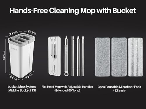 JOYMOOP Wall Mop and Bucket Set, Hands-Free Flat Floor Mop with 3 Washable Microfiber Pads, Wet and Dry Use, Ideal for Home and Commercial Floor Cleaning - color: White Lite133