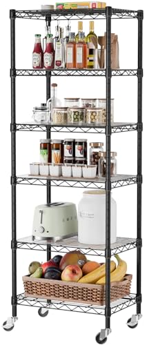 SINGAYE 6 Shelves Storage Shelf Wire Shelving Unit Metal Adjustable Wheels - color: Black, size: 6Tier/11.5"D X 17.5"W X 61.5"H