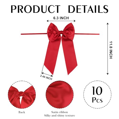 Red Satin Bows for Christmas Tree Decorations 10 Pack, Pre-Tied Long Tail Ribbon Bows for Wreath Garland Stair Gift Hair Crafts, 6.3 x 11.8 Inch Bow with Tie - color: Red