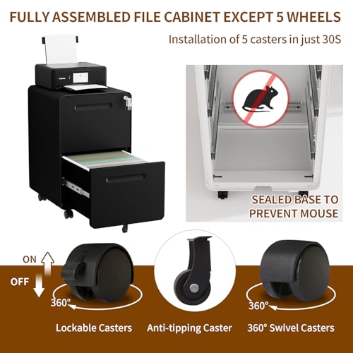 2 Drawer Mobile File Cabinet with Lock, 4 Keys and 25 Letter File Folders - color: Black, size: 25.8"H*15.7"W-2 drawers(25 letter folders)